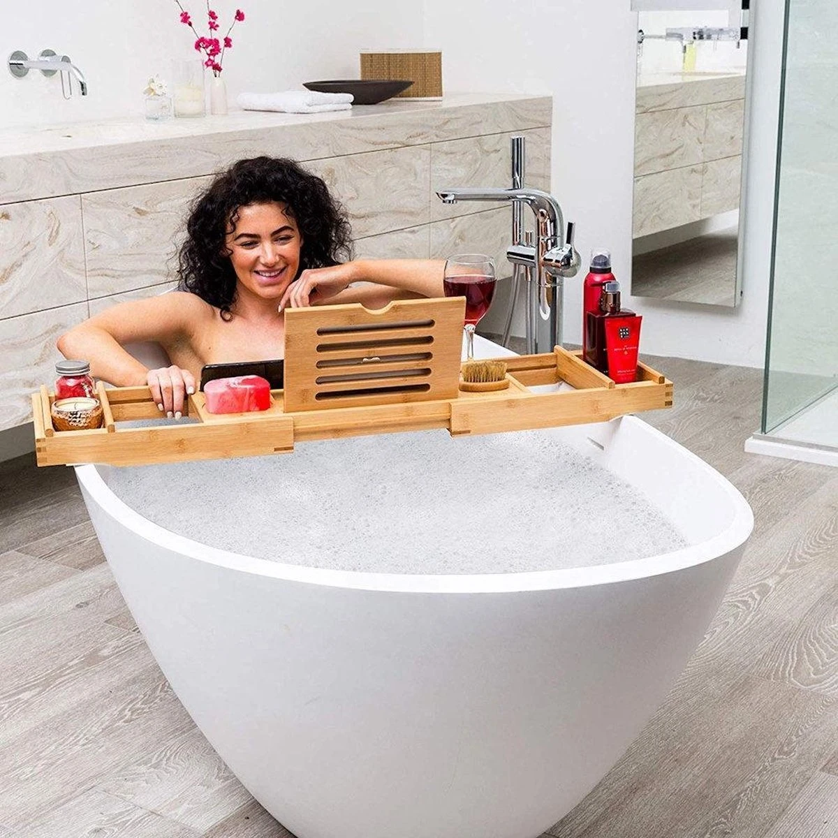 Merkloos Decopatent® Luxe Badplank - Badrekje - Uitschuifbaar 75 Tot 110 Cm - Boekenhouder - Tablethouder - Bamboe Hout Badplankje - Badrek 5 Merkloos Decopatent® Luxe Badplank - Badrekje - Uitschuifbaar 75 Tot 110 Cm - Boekenhouder - Tablethouder - Bamboe Hout Badplankje - Badrek - Afbeelding 3