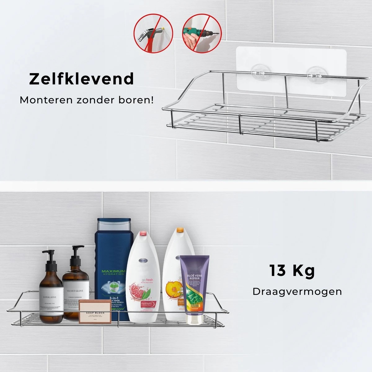 LifeGoods Zelfklevend Doucherek - 2 Stuks - Hangend Badkamer Rekje - Zonder Boren En Schroeven - RVS 4 LifeGoods Zelfklevend Doucherek - 2 Stuks - Hangend Badkamer Rekje - Zonder Boren En Schroeven - RVS - Afbeelding 2