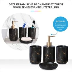 Badkamer Accessoires Set – Tandenborstelhouder –Zeeppompje Zeepbakje – Keramiek Met Marmer Design – Zwart -Badkamer Wijs 1200x1200 2947