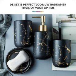 Badkamer Accessoires Set – Tandenborstelhouder –Zeeppompje Zeepbakje – Keramiek Met Marmer Design – Zwart -Badkamer Wijs 1200x1200 2948