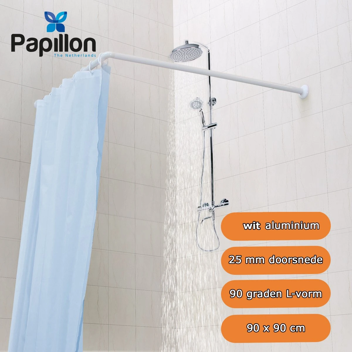 Papillon Douchegordijnstang - 90x90 Cm - Aluminium - Wit 4 Papillon Douchegordijnstang - 90x90 Cm - Aluminium - Wit - Afbeelding 2