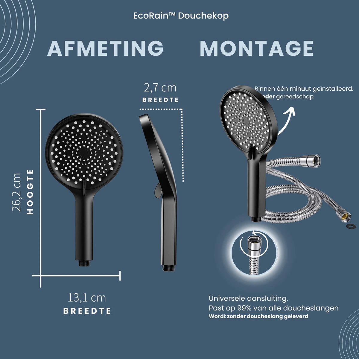 EcoRain™ Charly Waterbesparende Douchekop Zwart - 50% Waterbesparend - Regendouche 13 Cm - 3 Sproeistanden - Hoge Druk - Handdouche 4 EcoRain™ Charly Waterbesparende Douchekop Zwart - 50% Waterbesparend - Regendouche 13 Cm - 3 Sproeistanden - Hoge Druk - Handdouche - Afbeelding 2