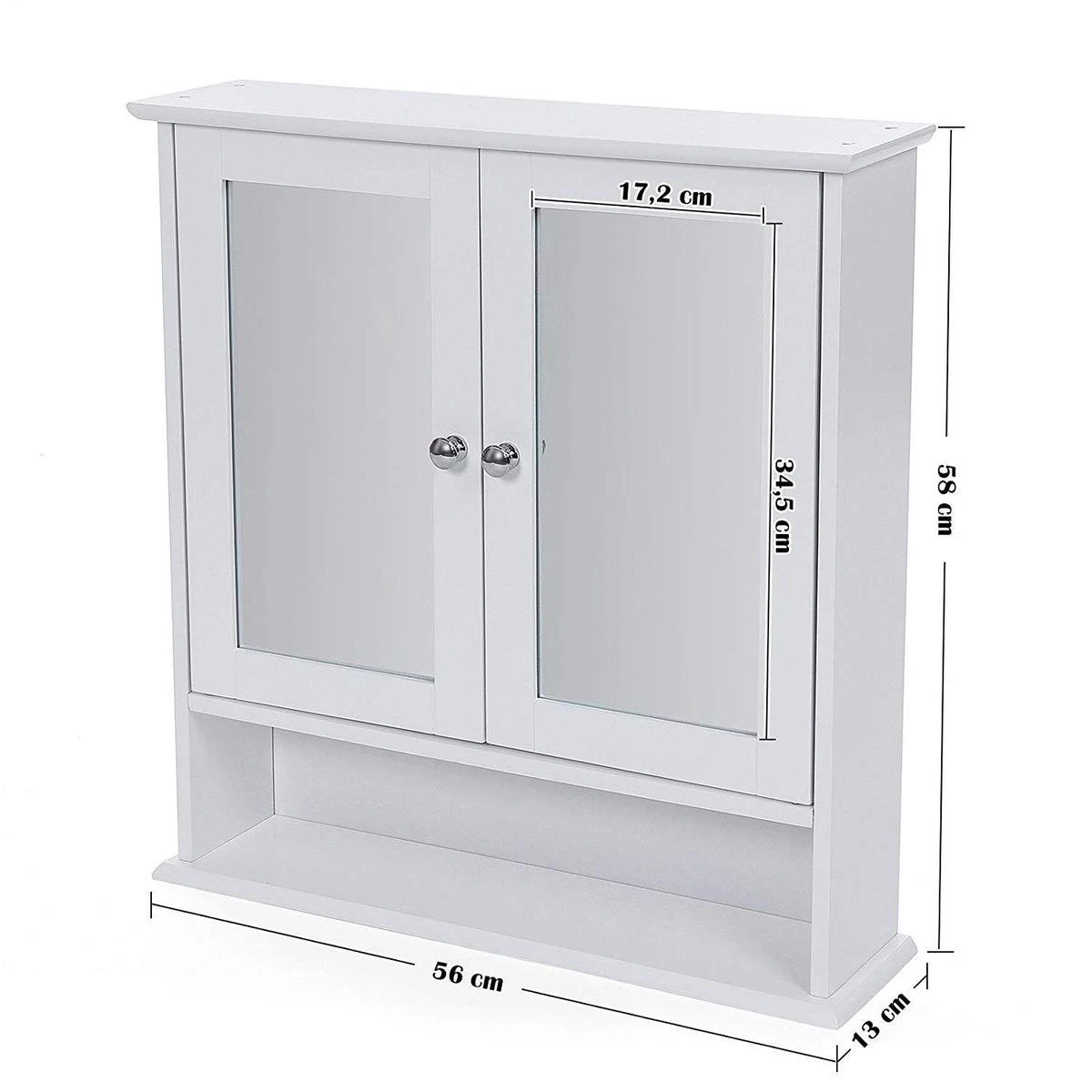 Badkamerkastje Met Twee Spiegels Als Deuren - Inclusief Open Plankje - 56x13x58cm - Wit 6 Badkamerkastje Met Twee Spiegels Als Deuren - Inclusief Open Plankje - 56x13x58cm - Wit - Afbeelding 4