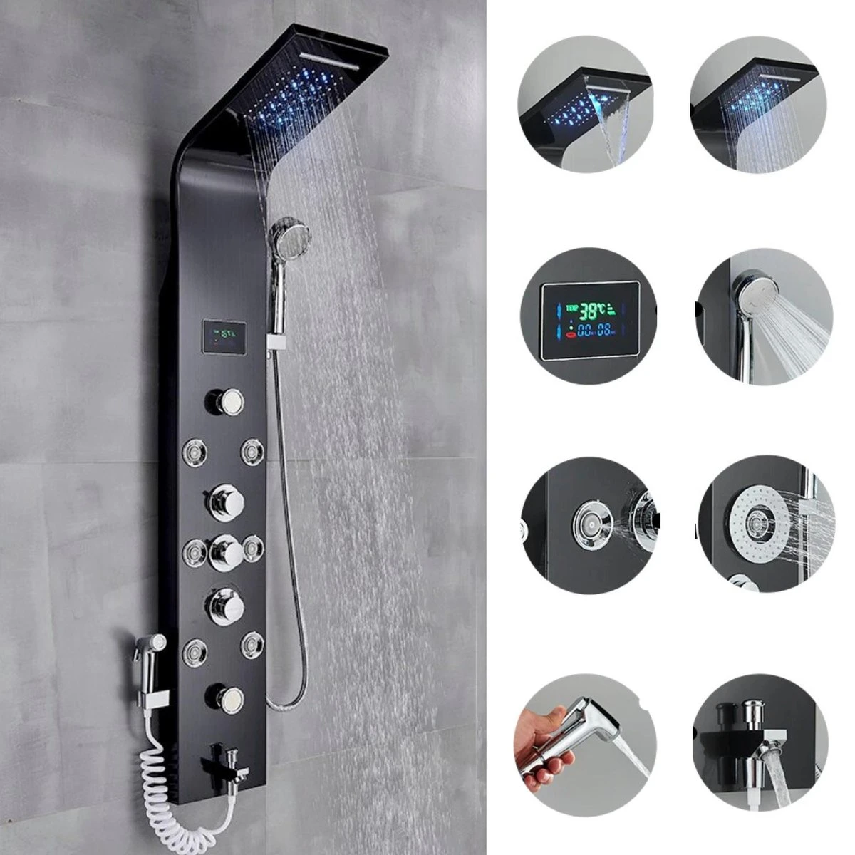 Douchepaneel Met Massage - Regendouche - Massage Jets - Waterval Douche - Met Thermostaatkraan En Handdouche - Zwart - Opbouw - Douchekop - Flanner® 3 Douchepaneel Met Massage - Regendouche - Massage Jets - Waterval Douche - Met Thermostaatkraan En Handdouche - Zwart - Opbouw - Douchekop - Flanner®