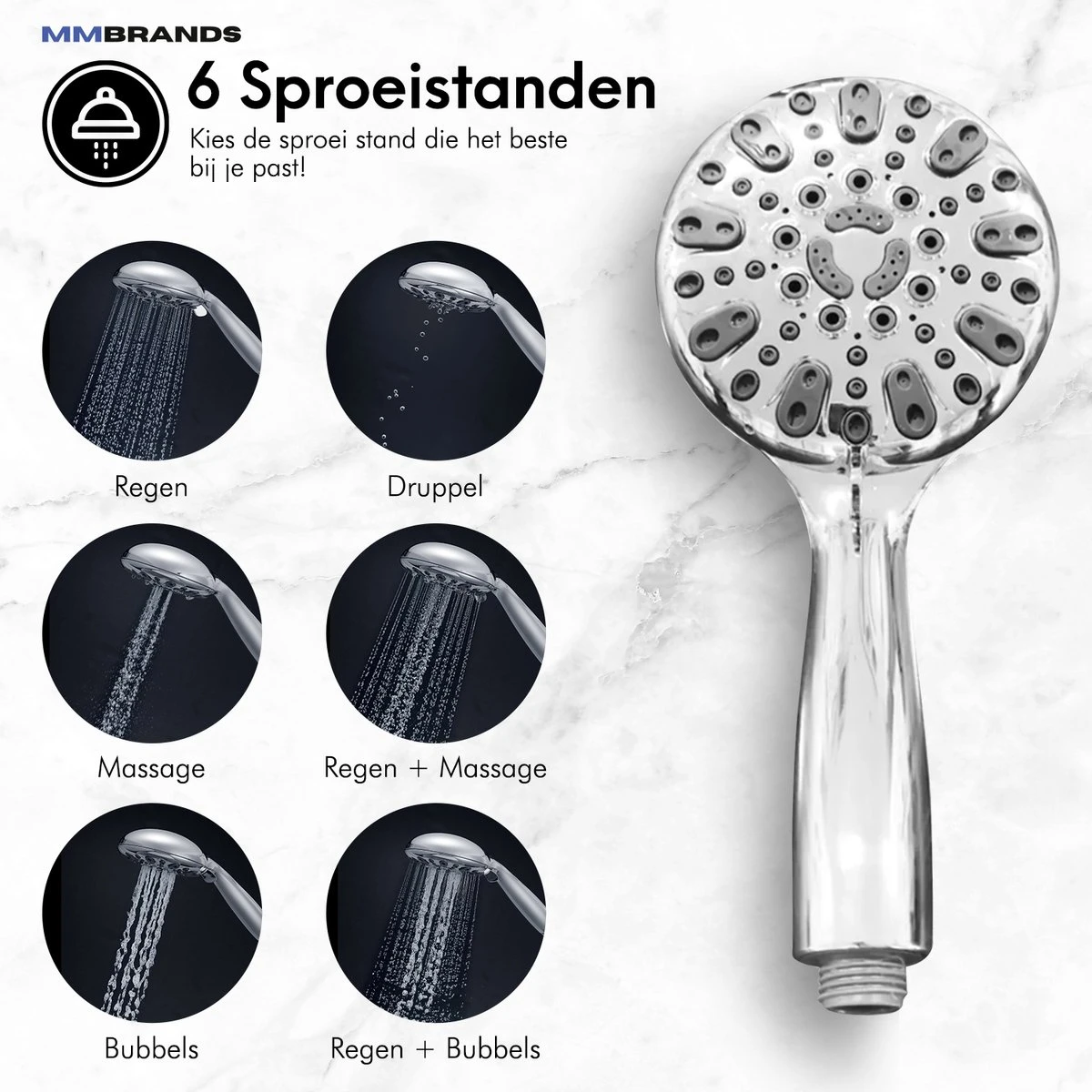 MM Brands Douchekop - Waterbesparend - Regendouche - 6 Standen - Chroom 5 MM Brands Douchekop - Waterbesparend - Regendouche - 6 Standen - Chroom - Afbeelding 3