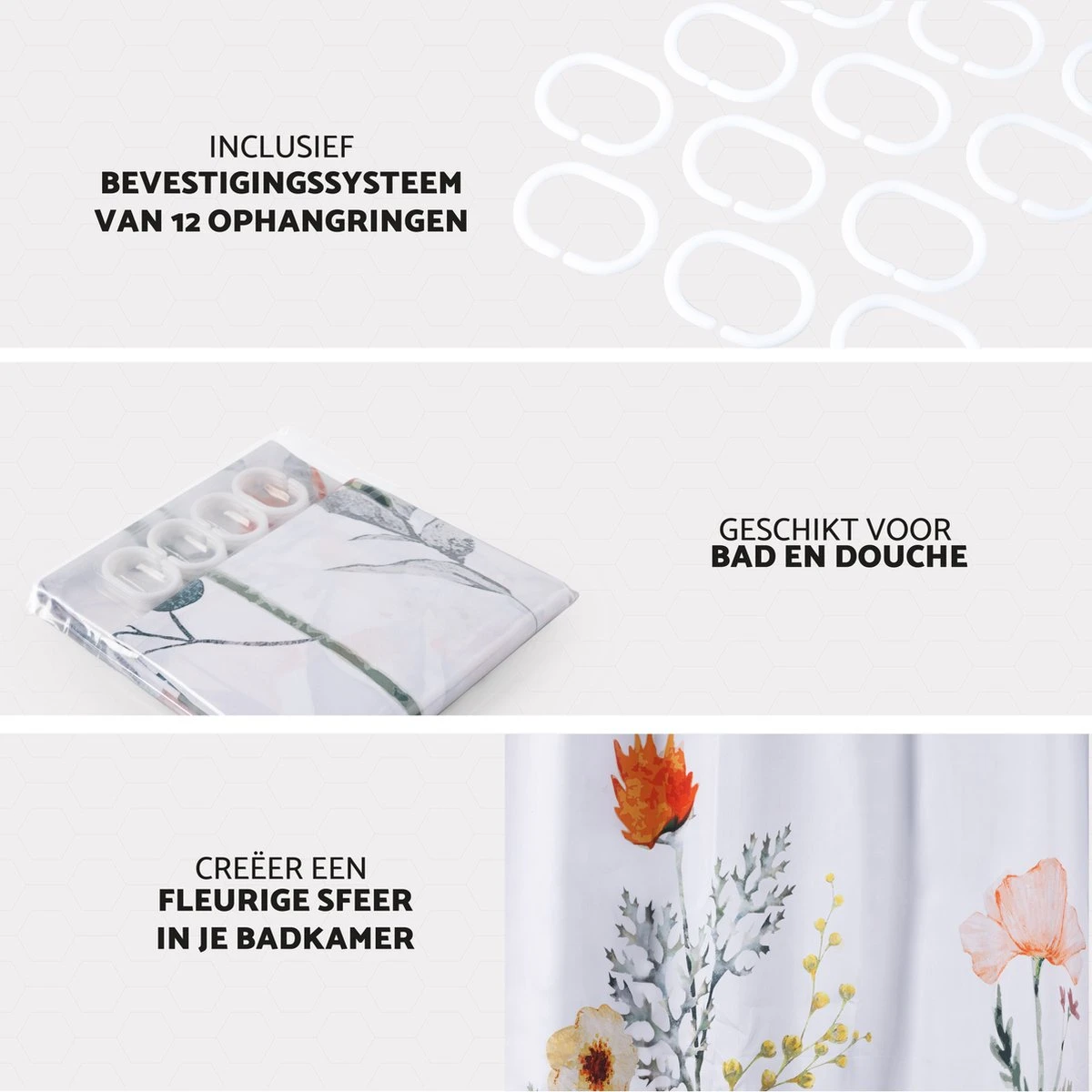 RX Goods Gekleurde Natuur Bloemen Douchegordijn - 180x180cm - Incl. 12 Ringen - Waterafstotend – Polyester 5 RX Goods Gekleurde Natuur Bloemen Douchegordijn - 180x180cm - Incl. 12 Ringen - Waterafstotend – Polyester - Afbeelding 3
