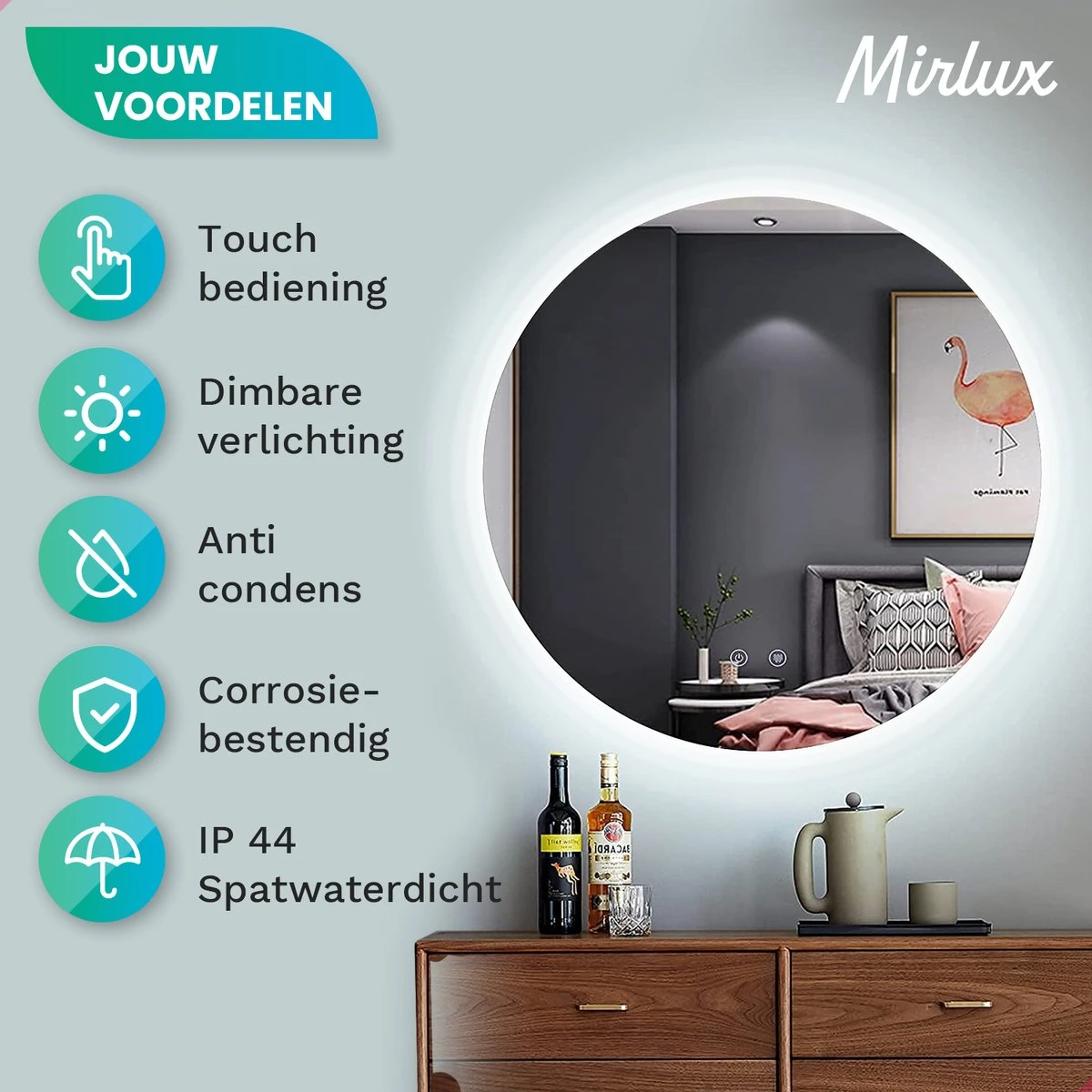 Mirlux Badkamerspiegel Met LED Verlichting & Verwarming – Wandspiegel Rond – Anti Condens Douchespiegel - 60CM 4 Mirlux Badkamerspiegel Met LED Verlichting & Verwarming – Wandspiegel Rond – Anti Condens Douchespiegel - 60CM - Afbeelding 2