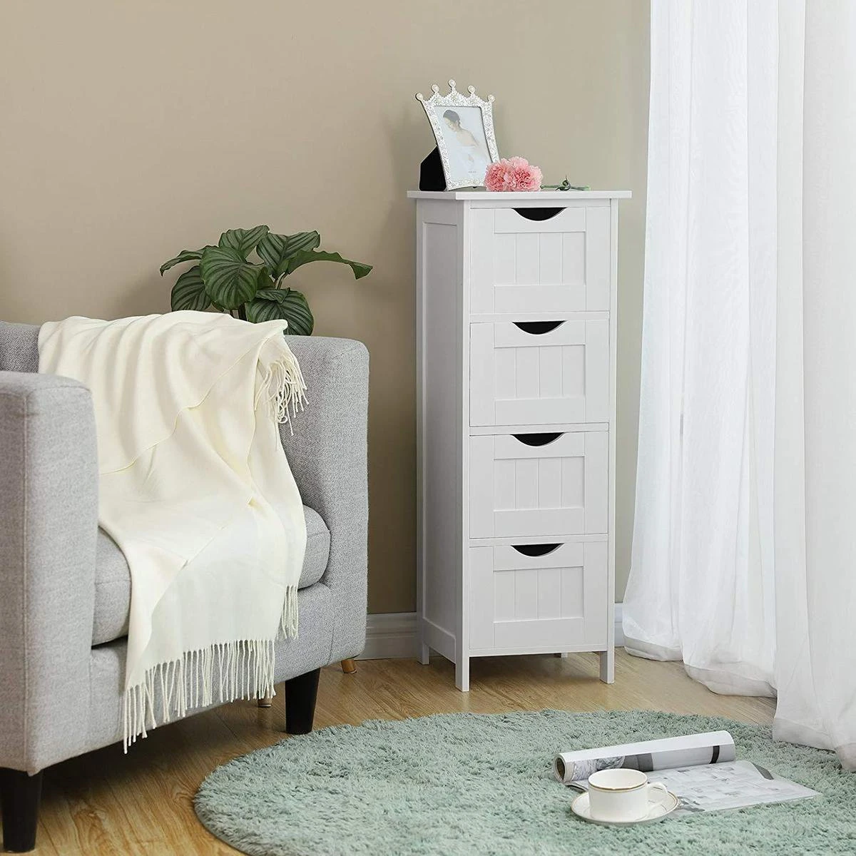 Houten Staande Kast Voor Badkamer - Opbergmeubel / Kolomkast Met 4 Handige Vakken - 30 X 30 X 82 Cm - Wit 4 Houten Staande Kast Voor Badkamer - Opbergmeubel / Kolomkast Met 4 Handige Vakken - 30 X 30 X 82 Cm - Wit - Afbeelding 2