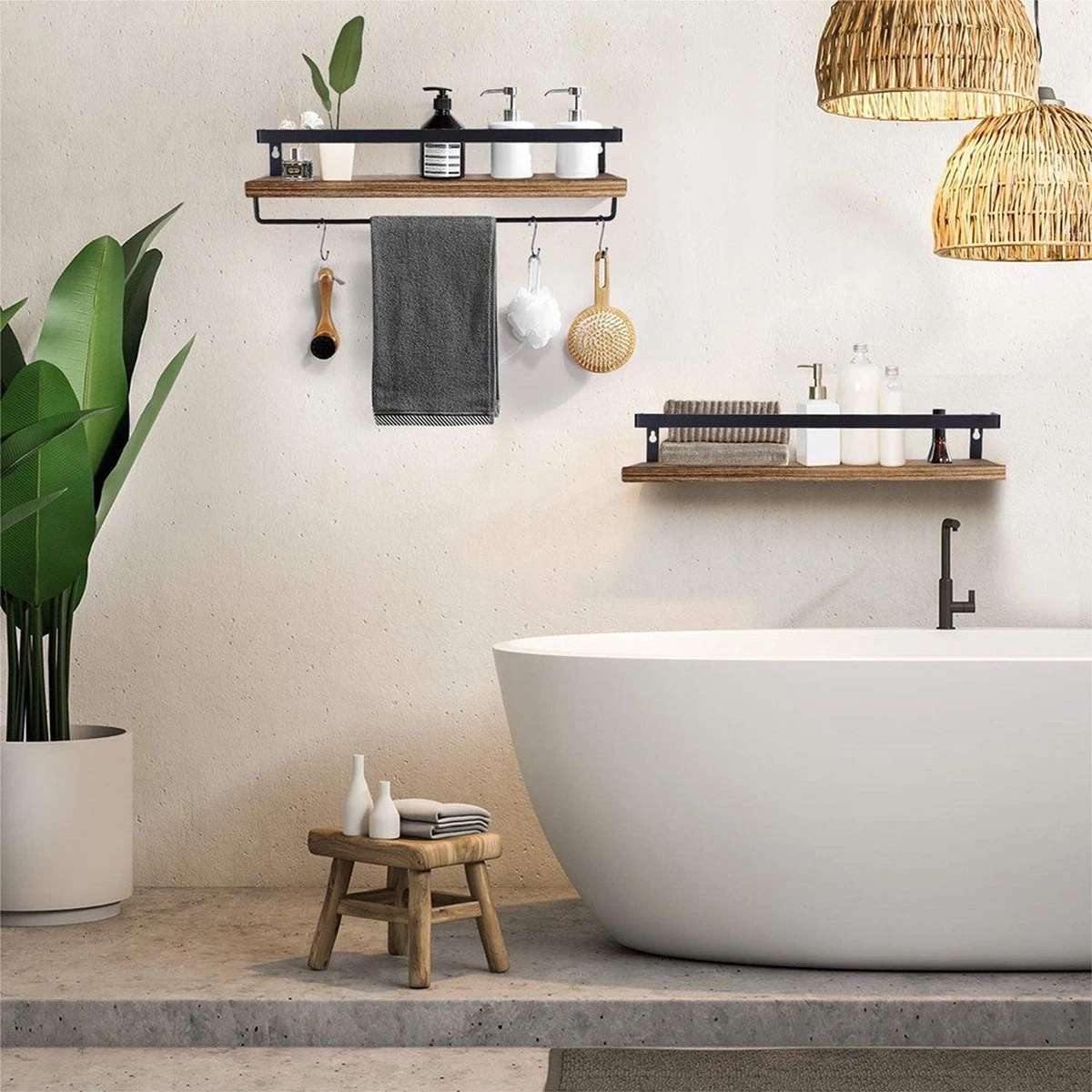 Zwevende Wandplank - 2 Stuks - 40cm - Handdoekhouder En 8 Haakjes - Badkamerplank Decoratieve Muur Opbergplanken Voor Badkamer Slaapkamer, Woonkamer, Keuken Plank 6 Zwevende Wandplank - 2 Stuks - 40cm - Handdoekhouder En 8 Haakjes - Badkamerplank Decoratieve Muur Opbergplanken Voor Badkamer Slaapkamer, Woonkamer, Keuken Plank - Afbeelding 4