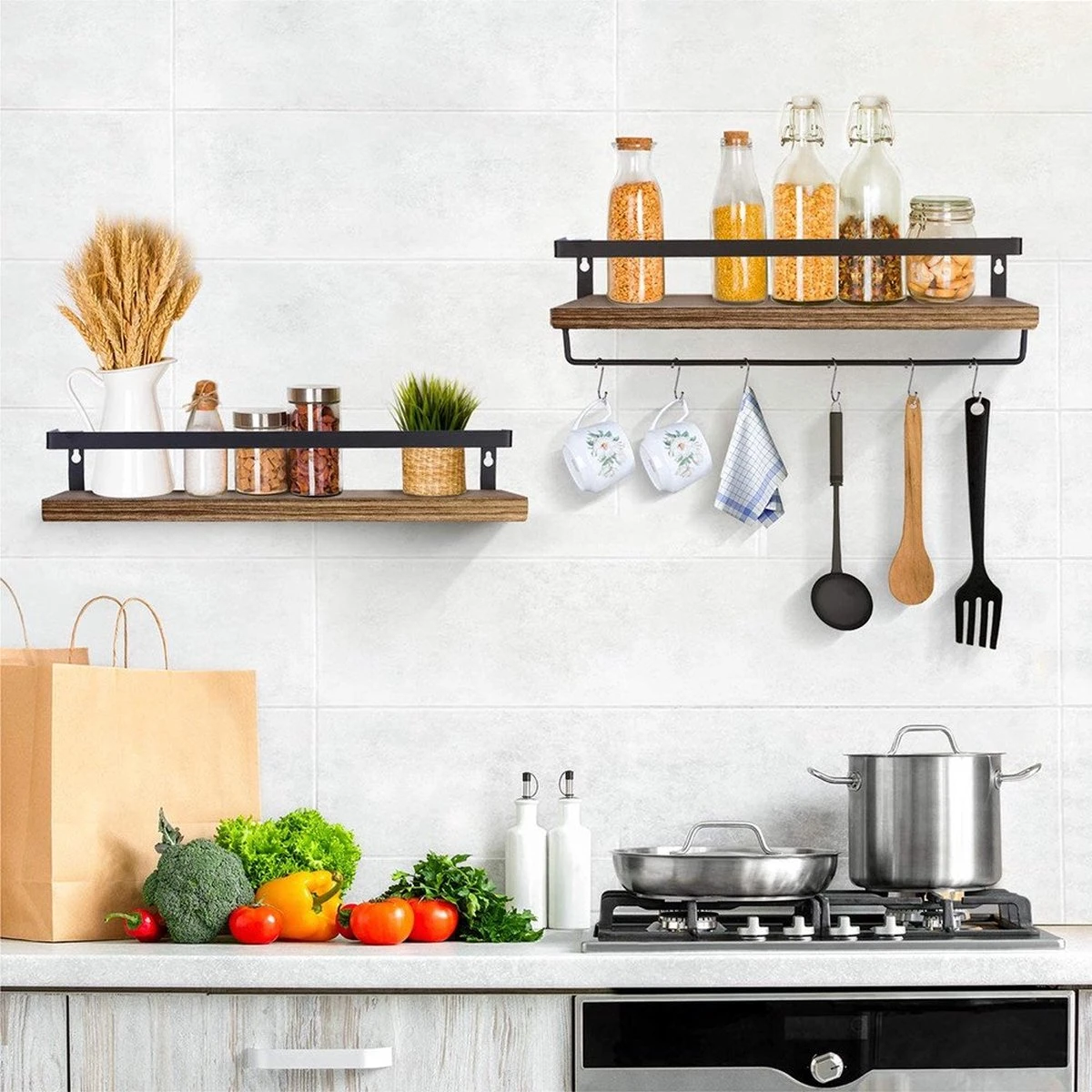 Zwevende Wandplank - 2 Stuks - 40cm - Handdoekhouder En 8 Haakjes - Badkamerplank Decoratieve Muur Opbergplanken Voor Badkamer Slaapkamer, Woonkamer, Keuken Plank 8 Zwevende Wandplank - 2 Stuks - 40cm - Handdoekhouder En 8 Haakjes - Badkamerplank Decoratieve Muur Opbergplanken Voor Badkamer Slaapkamer, Woonkamer, Keuken Plank - Afbeelding 6