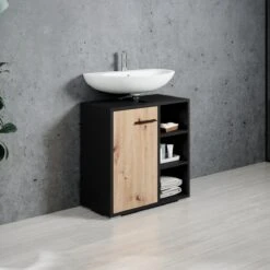 Badplaats Wastafel Onderkast Neptunus 60 Cm X 30 Cm X 60 Cm - Zwart Met Eiken - Badkamerkast – Staand Wastafelmeubel -Badkamer Wijs 1200x1200 3938