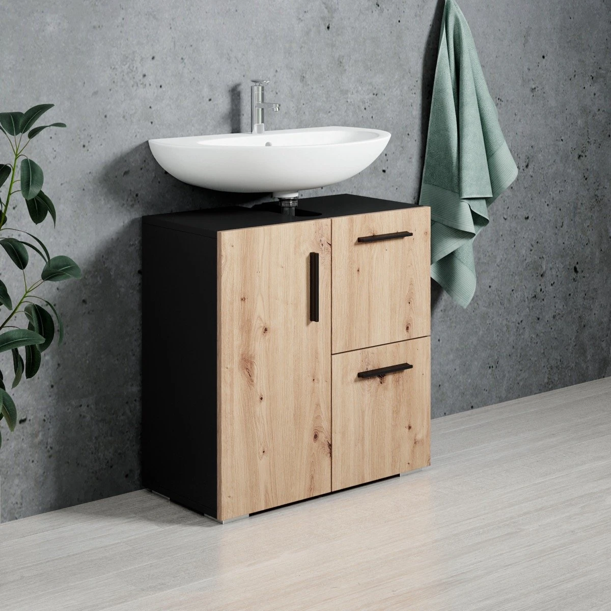 Badplaats Wastafel Onderkast Mars 60 Cm X 30 Cm X 60 Cm - Zwart Met Eiken - Badkamerkast – Staand Wastafelmeubel 6 Badplaats Wastafel Onderkast Mars 60 Cm X 30 Cm X 60 Cm - Zwart Met Eiken - Badkamerkast – Staand Wastafelmeubel - Afbeelding 4