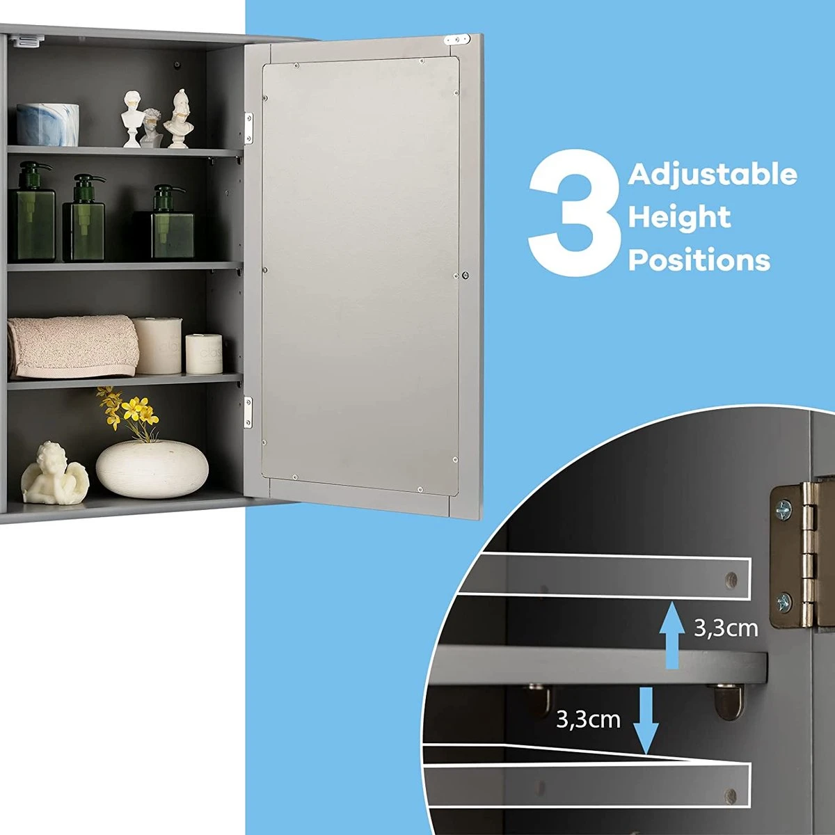 LUXGOODS Spiegelkast, Badkamerkast Met Spiegel, Aan De Muur Bevestigd Opbergkast, Houten Hangend Kast Met Verstelbare Planken & Open Compartimenten, Multifunctioneel Medicijnkastje Voor Badkamer, Woonkamer, Keuken, 66 X 63 X 16,5 Cm (Grijs) 4 LUXGOODS Spiegelkast, Badkamerkast Met Spiegel, Aan De Muur Bevestigd Opbergkast, Houten Hangend Kast Met Verstelbare Planken & Open Compartimenten, Multifunctioneel Medicijnkastje Voor Badkamer, Woonkamer, Keuken, 66 X 63 X 16,5 Cm (Grijs) - Afbeelding 2