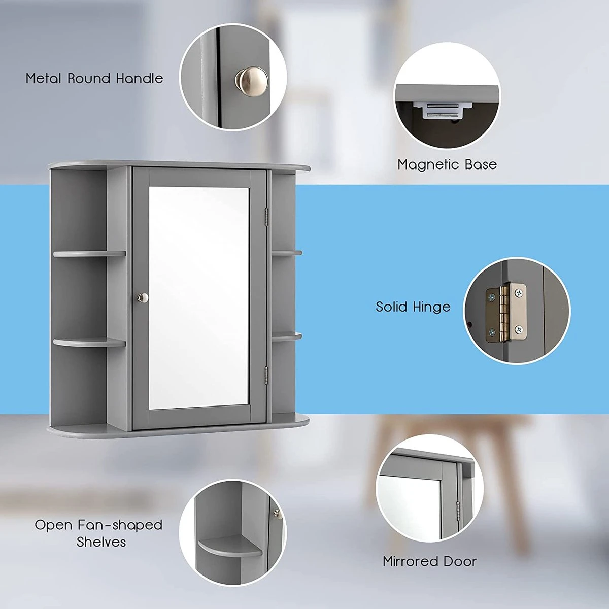 LUXGOODS Spiegelkast, Badkamerkast Met Spiegel, Aan De Muur Bevestigd Opbergkast, Houten Hangend Kast Met Verstelbare Planken & Open Compartimenten, Multifunctioneel Medicijnkastje Voor Badkamer, Woonkamer, Keuken, 66 X 63 X 16,5 Cm (Grijs) 5 LUXGOODS Spiegelkast, Badkamerkast Met Spiegel, Aan De Muur Bevestigd Opbergkast, Houten Hangend Kast Met Verstelbare Planken & Open Compartimenten, Multifunctioneel Medicijnkastje Voor Badkamer, Woonkamer, Keuken, 66 X 63 X 16,5 Cm (Grijs) - Afbeelding 3
