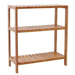 Badkamer Rekje Met 3 Etages - Opbergrek Met Planken - 66 Cm Hoog En 60 Cm Breed - Natuurlijke Bamboe