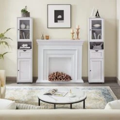 Badkamerkast, Hoge Kast, Open Vak, Glazen Deur, Smalle Badkamermeubels, Badkamermeubels Met Voeten, In Hoogte Verstelbare Planken, 40 X 30 X 165 Cm, Lichtgrijs Met Houtnerf -Badkamer Wijs 1200x1200 4077