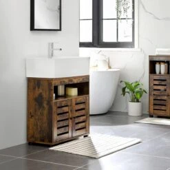 Nancy's Gaboury Badkamermeubel - Wastafelonderkast - Uitsparing - Open Vak - Openslaande Deuren - Industrieel - Bruin - Zwart - Bewerkt Hout - 60 X 30 X 63 Cm -Badkamer Wijs 1200x1200 4099