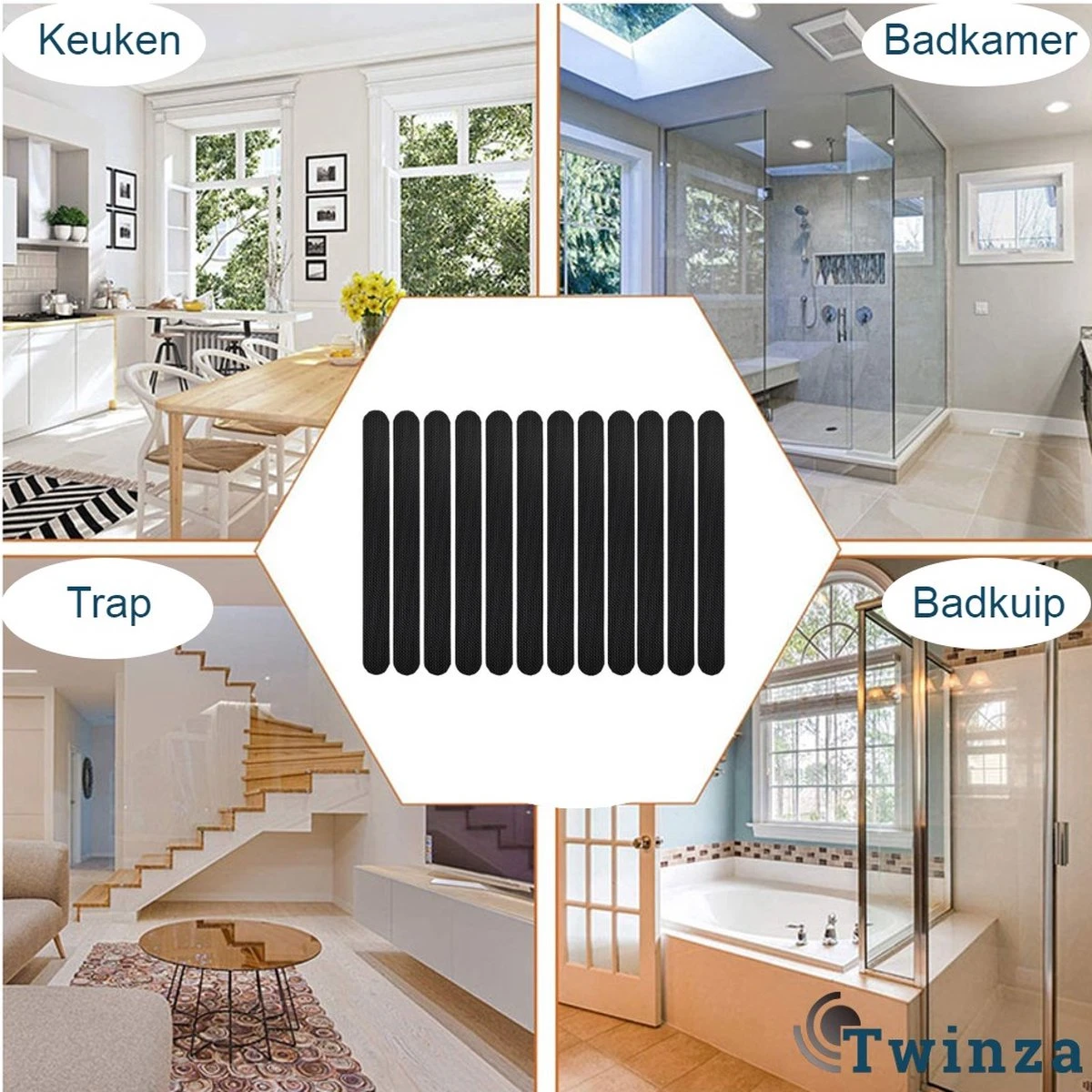 Zelfklevende Antislip Stickers - Douche/Bad/Trap Plakstrip - Badkamer Antislip Strips - 12stuks - 38x2cm - Zwart 4 Zelfklevende Antislip Stickers - Douche/Bad/Trap Plakstrip - Badkamer Antislip Strips - 12stuks - 38x2cm - Zwart - Afbeelding 2