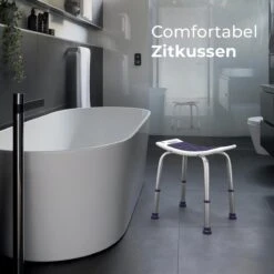 Sanicraft® Douchekruk - In Hoogte Verstelbaar - Douchekrukje - Roestvrij - 150kg Draagkracht - Comfortabel Zitkussen - Inclusief Douchekophouder, Handgrepen, Anti Slip Poten -Badkamer Wijs 1200x1200 4212