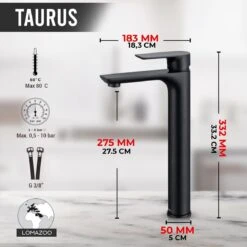 LOMAZOO Wastafelkraan Zwart Taurus - Kraan Wastafel - Kraan Badkamer - Badkamerkraan Zwart -Badkamer Wijs 1200x1200 4738