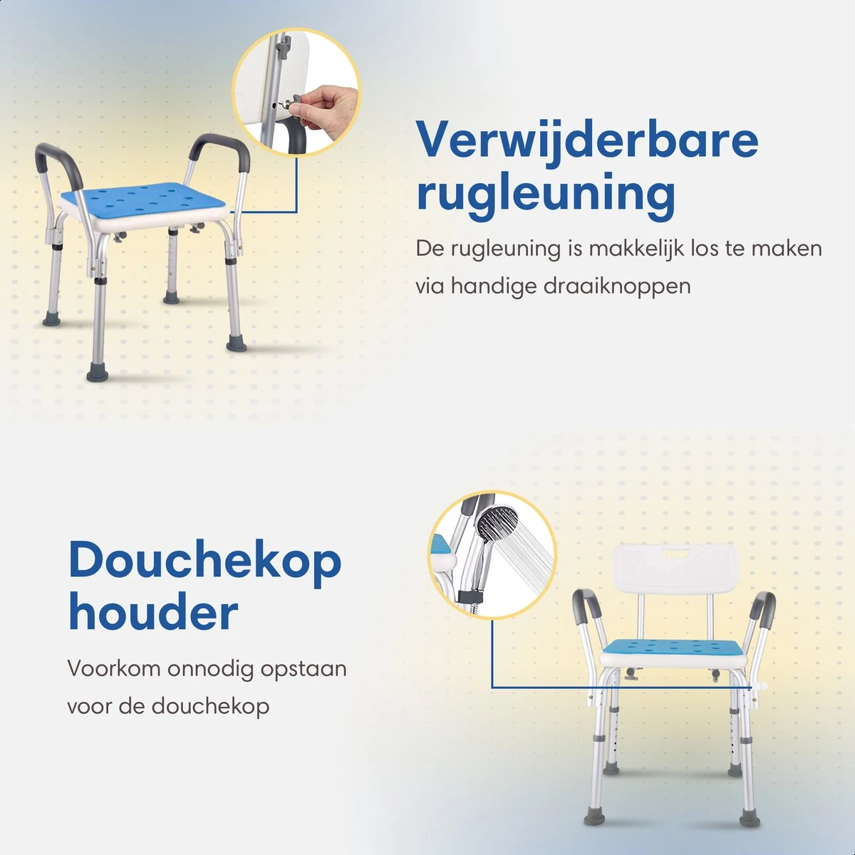 Safe Age® Douchestoel Met Afneembare Rugleuning En Armleuning – Anti Slip - Verstelbare Hoogte - Douchekruk 5 Safe Age® Douchestoel Met Afneembare Rugleuning En Armleuning – Anti Slip - Verstelbare Hoogte - Douchekruk - Afbeelding 3