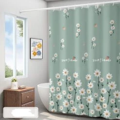 Merkloos Douchegordijn Polyester Douchegordijn Digitaal Printen Verdikt Waterdicht Badkamergordijn Balkongordijn Inclusief Ringen 180x200cm (madeliefje)