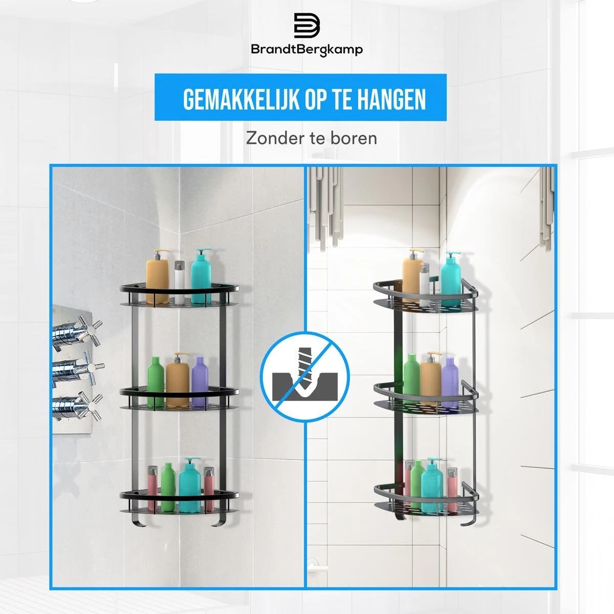 BrandtBergkamp Doucherek Zonder Boren – Badkamerrek – 3 Laags – Zwart 9 BrandtBergkamp Doucherek Zonder Boren – Badkamerrek – 3 Laags – Zwart - Afbeelding 7