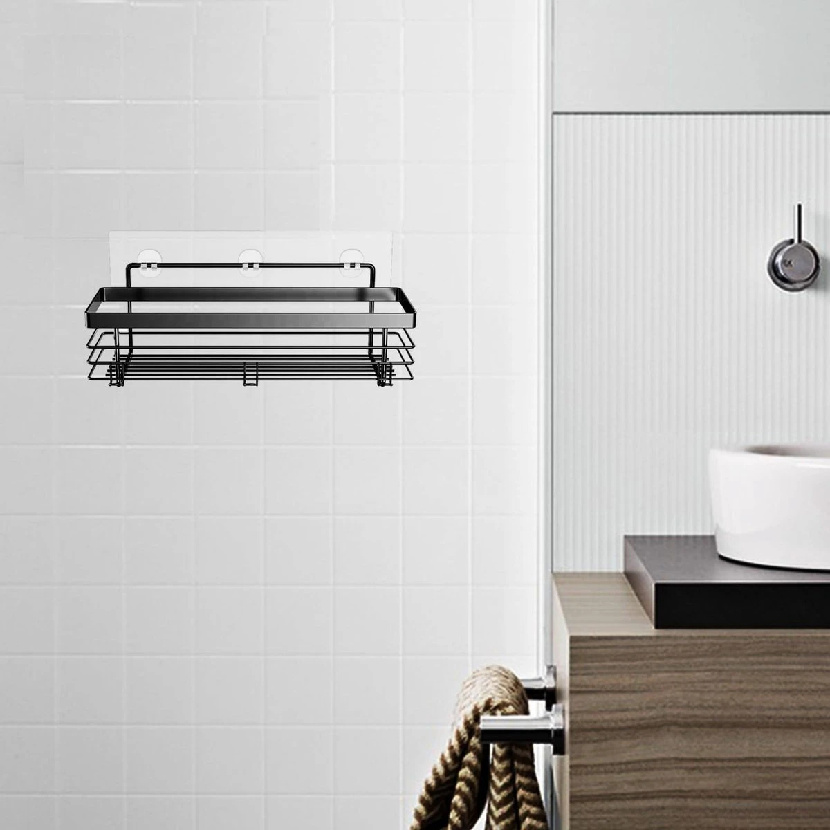 RVS Doucherek Zelfklevend Zonder Boren Zwart - Douchemandje Met 15KG Draagvermogen - Planchet Badkamerrek - Shower Rack - 31x10cm 7 RVS Doucherek Zelfklevend Zonder Boren Zwart - Douchemandje Met 15KG Draagvermogen - Planchet Badkamerrek - Shower Rack - 31x10cm - Afbeelding 5