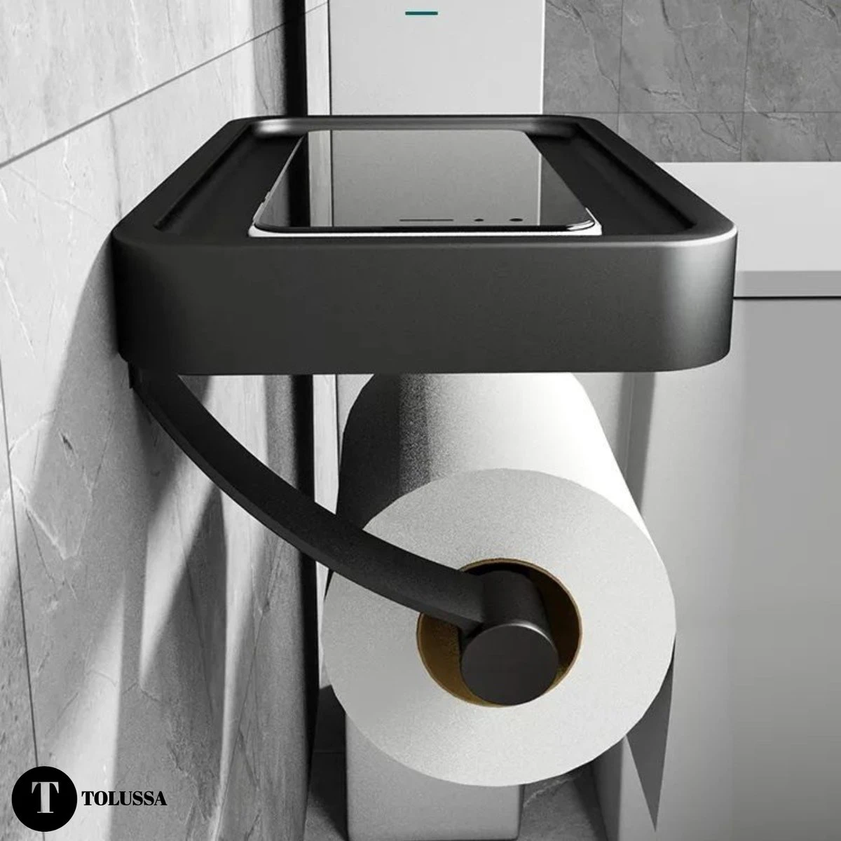 Tolussa Premium WC Rolhouder Zwart Met Plankje - Toiletrolhouder Zwart Met Plankje - Met En Zonder Boren 4 Tolussa Premium WC Rolhouder Zwart Met Plankje - Toiletrolhouder Zwart Met Plankje - Met En Zonder Boren - Afbeelding 2