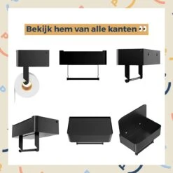 Toiletrolhouder Zwart Met Plankje En Bakje - Zonder Boren - Wc Rolhouder Zelfklevend - Inclusief Extra Handdoekhaak -Badkamer Wijs 1200x1200 944