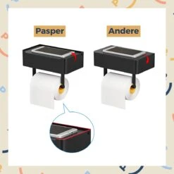 Toiletrolhouder Zwart Met Plankje En Bakje - Zonder Boren - Wc Rolhouder Zelfklevend - Inclusief Extra Handdoekhaak -Badkamer Wijs 1200x1200 949
