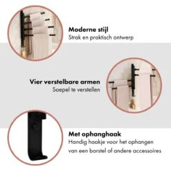 QUVIO Handdoekrek Met 4 Armen / Wandrek / Handdoekrek Keuken / Handdoekenrek Badkamer / Handdoekenrek / Handdoekrek / Handdoekrek Badkamer / Handdoekhaakjes / Handdoekhouder / Wandplank - Verstelbaar - Staal -Badkamer Wijs 1200x1200 965