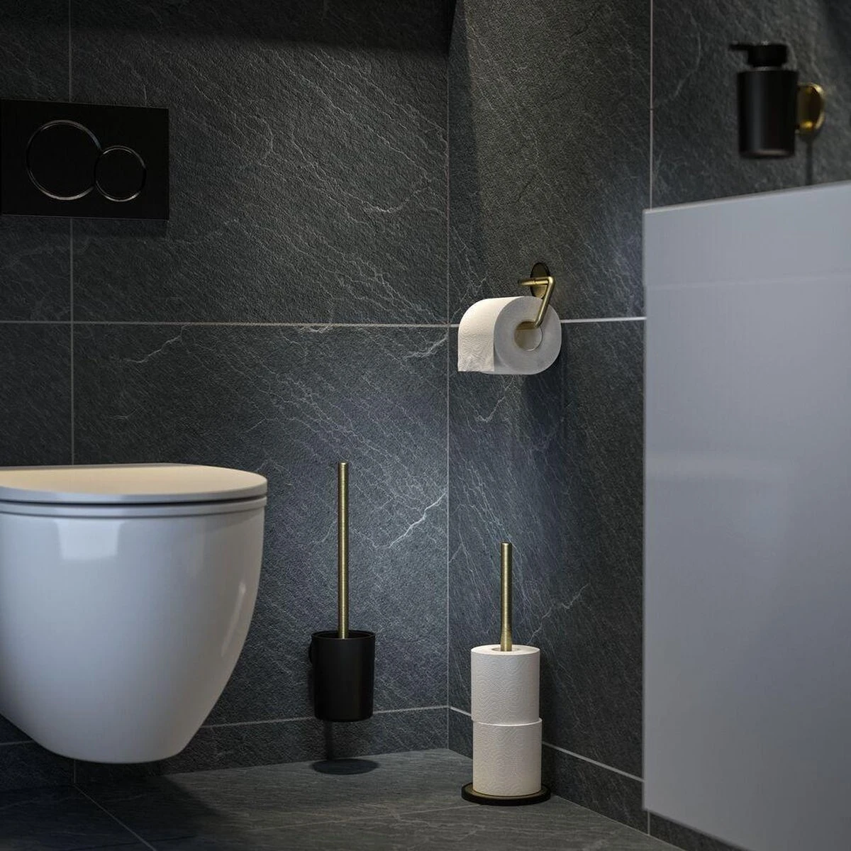 Tiger Tune - Toiletaccessoireset - Toiletborstel Met Houder - Toiletrolhouder Zonder Klep - Handdoekhaak – Messing Geborsteld / Zwart 10 Tiger Tune - Toiletaccessoireset - Toiletborstel Met Houder - Toiletrolhouder Zonder Klep - Handdoekhaak – Messing Geborsteld / Zwart - Afbeelding 8