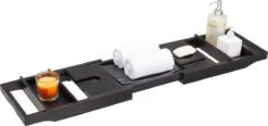 ACAZA Badrekje - Uitschuifbare Bamboe Bad Brug (Min 75 Cm - Max 109cm) - Verstelbare Plank Voor In Bad Met Tablet Houder - Zwart -Badkamer Wijs 1200x565