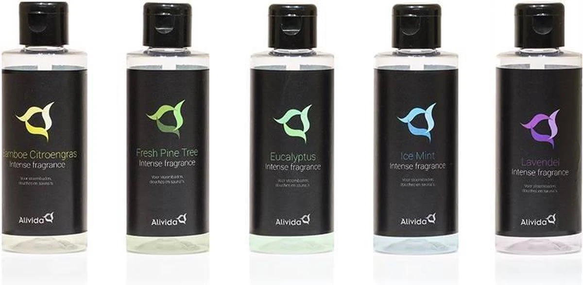 Sauna-opgiet En Stoombad Aroma Cadeauset 5x100ml - Eucalyptus - Lavendel - Bamboe-citroengras - Fresh Pine Tree - Ice Mint - Alivida 12 Sauna-opgiet En Stoombad Aroma Cadeauset 5x100ml - Eucalyptus - Lavendel - Bamboe-citroengras - Fresh Pine Tree - Ice Mint - Alivida - Afbeelding 10