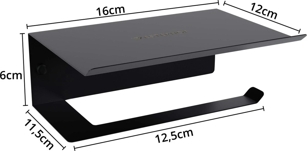 Westerhof Premium Wc Rolhouder Zwart Zonder Boren - Met Plankje - 3M Plakstrip En Schroef Set 10 Westerhof Premium Wc Rolhouder Zwart Zonder Boren - Met Plankje - 3M Plakstrip En Schroef Set - Afbeelding 8