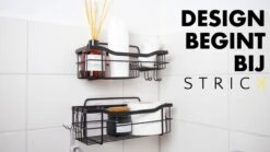 STRICX Doucherek 2 Laags Zwart - Zelfklevend Doucherek Inclusief 3 Ophanghaakjes - Doucherek Voor Badkamer / Keuken - Doucherek Met Plakstrip - Keukenrek Met Plakstrip - Badrek Douche - Kruidenrek Specerijen - Badkamerrek Douchemandje -Badkamer Wijs 1200x675 3