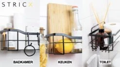 STRICX Doucherek 2 Laags Zwart - Zelfklevend Doucherek Inclusief 3 Ophanghaakjes - Doucherek Voor Badkamer / Keuken - Doucherek Met Plakstrip - Keukenrek Met Plakstrip - Badrek Douche - Kruidenrek Specerijen - Badkamerrek Douchemandje -Badkamer Wijs 1200x675 4