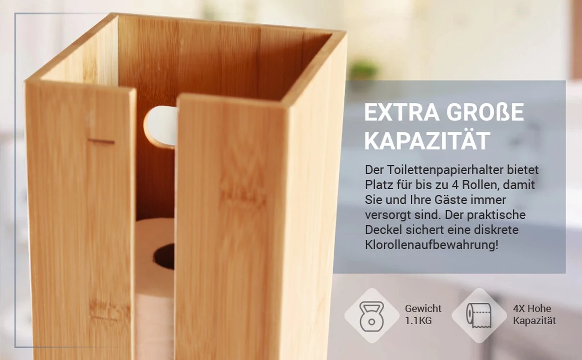 DelCosmo Staande Toiletpapier Houder Gemaakt Van Bamboe - Toiletrolhouder Voor 4 Toiletrollen - Toiletrollen Rolhouder - Toilet & Badkamer Accessoires 4 DelCosmo Staande Toiletpapier Houder Gemaakt Van Bamboe - Toiletrolhouder Voor 4 Toiletrollen - Toiletrollen Rolhouder - Toilet & Badkamer Accessoires - Afbeelding 2
