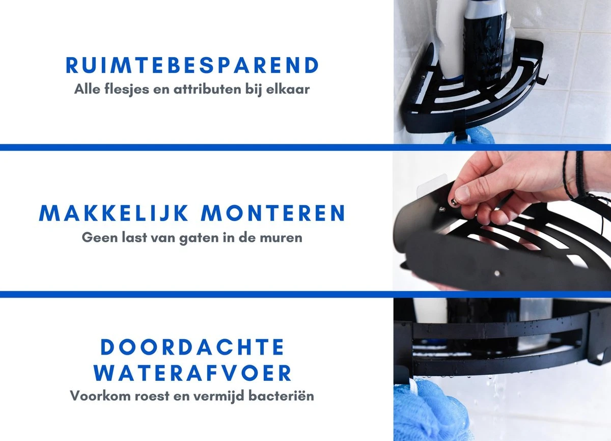 Doucherek Zonder Boren Badkamer Accessoires Zelfklevend | Douchemandje | Badrek | Douche Rek Zwart | Hoekrek Hangend | Blueplato® 7 Doucherek Zonder Boren Badkamer Accessoires Zelfklevend | Douchemandje | Badrek | Douche Rek Zwart | Hoekrek Hangend | Blueplato® - Afbeelding 5