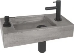 Differnz Jax Fonteinset - Wasbak Beton - Donkergrijs - Rechte Kraan - Mat Zwart - Standaard Greep - 42 X 18.5 X 9 Cm