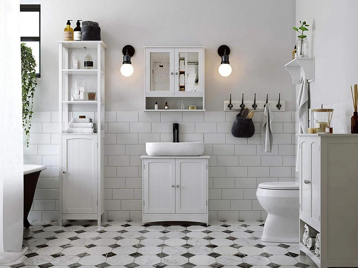 Badkamerkastje Met Twee Spiegels Als Deuren - Inclusief Open Plankje - 56x13x58cm - Wit 5 Badkamerkastje Met Twee Spiegels Als Deuren - Inclusief Open Plankje - 56x13x58cm - Wit - Afbeelding 3