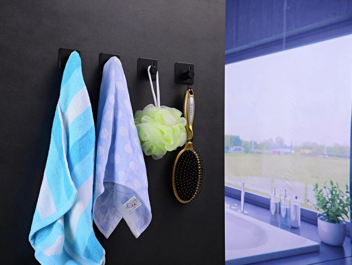 Handdoekhaakjes - Badkamer Zelfklevend – 4 Stuks – RVS - Zwart 6 Handdoekhaakjes - Badkamer Zelfklevend – 4 Stuks – RVS - Zwart - Afbeelding 4