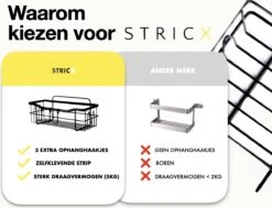 STRICX Doucherek 2 Laags Zwart - Zelfklevend Doucherek Inclusief 3 Ophanghaakjes - Doucherek Voor Badkamer / Keuken - Doucherek Met Plakstrip - Keukenrek Met Plakstrip - Badrek Douche - Kruidenrek Specerijen - Badkamerrek Douchemandje -Badkamer Wijs 1200x920
