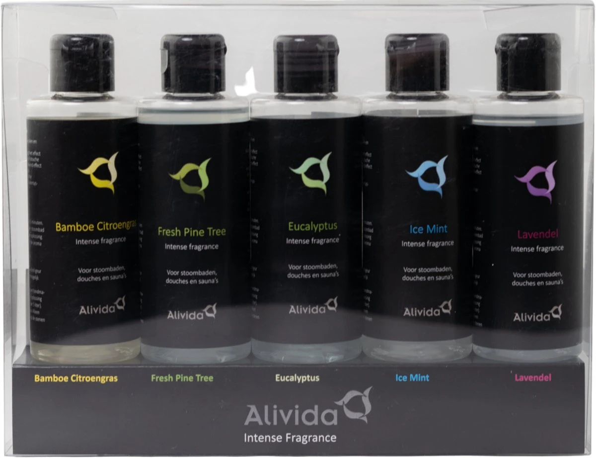 Sauna-opgiet En Stoombad Aroma Cadeauset 5x100ml - Eucalyptus - Lavendel - Bamboe-citroengras - Fresh Pine Tree - Ice Mint - Alivida 7 Sauna-opgiet En Stoombad Aroma Cadeauset 5x100ml - Eucalyptus - Lavendel - Bamboe-citroengras - Fresh Pine Tree - Ice Mint - Alivida - Afbeelding 5