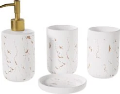 Selotus® Badkamer Set Van 4 – Badkamer Accessoires – Zeepdispenser – Dispenser - Tandenborstelhouder – Zeepbakje – Zeephouder – Vrijstaand – Planchet - Zeeppompje - – Wit Goud