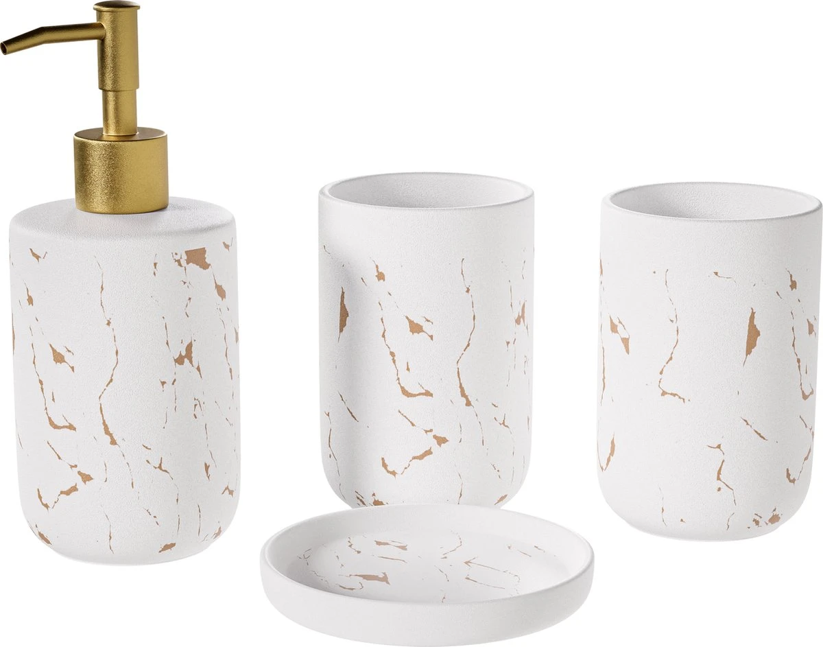 Selotus® Badkamer Set Van 4 – Badkamer Accessoires – Zeepdispenser – Dispenser - Tandenborstelhouder – Zeepbakje – Zeephouder – Vrijstaand – Planchet - Zeeppompje - – Wit Goud 3 Selotus® Badkamer Set Van 4 – Badkamer Accessoires – Zeepdispenser – Dispenser - Tandenborstelhouder – Zeepbakje – Zeephouder – Vrijstaand – Planchet - Zeeppompje - – Wit Goud