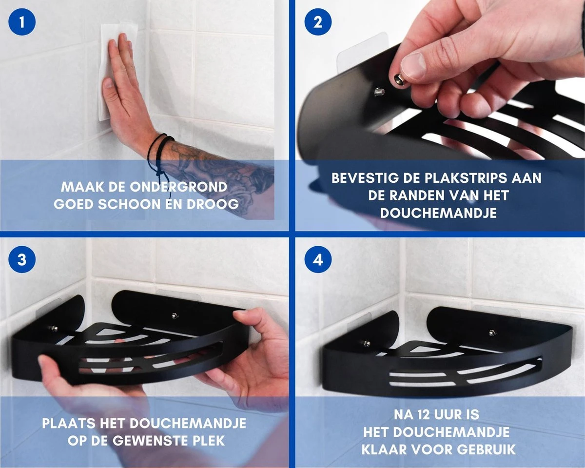 Doucherek Zonder Boren Badkamer Accessoires Zelfklevend | Douchemandje | Badrek | Douche Rek Zwart | Hoekrek Hangend | Blueplato® 8 Doucherek Zonder Boren Badkamer Accessoires Zelfklevend | Douchemandje | Badrek | Douche Rek Zwart | Hoekrek Hangend | Blueplato® - Afbeelding 6