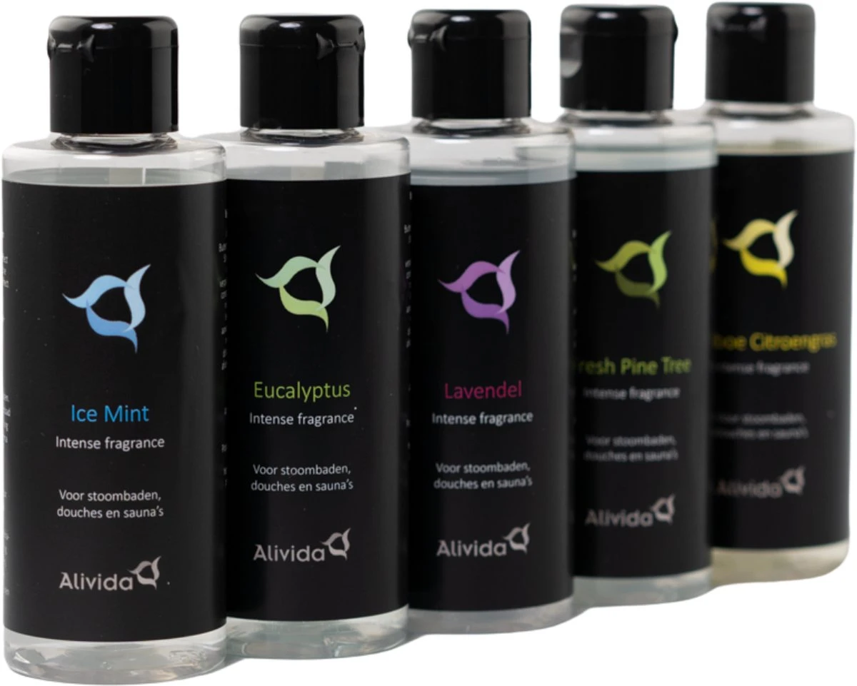 Sauna-opgiet En Stoombad Aroma Cadeauset 5x100ml - Eucalyptus - Lavendel - Bamboe-citroengras - Fresh Pine Tree - Ice Mint - Alivida 10 Sauna-opgiet En Stoombad Aroma Cadeauset 5x100ml - Eucalyptus - Lavendel - Bamboe-citroengras - Fresh Pine Tree - Ice Mint - Alivida - Afbeelding 8