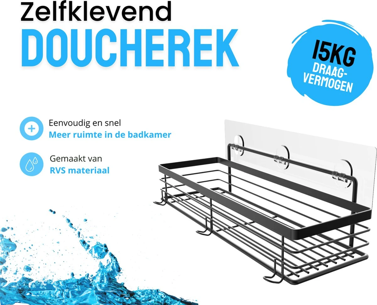 RVS Doucherek Zelfklevend Zonder Boren Zwart - Douchemandje Met 15KG Draagvermogen - Planchet Badkamerrek - Shower Rack - 31x10cm 4 RVS Doucherek Zelfklevend Zonder Boren Zwart - Douchemandje Met 15KG Draagvermogen - Planchet Badkamerrek - Shower Rack - 31x10cm - Afbeelding 2